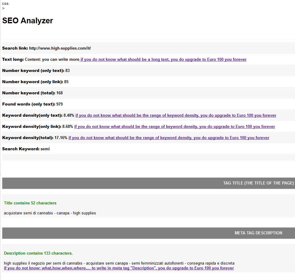 Analisi seo fatto con Maniac SEO tool online di un sito che fa keyword stuffing