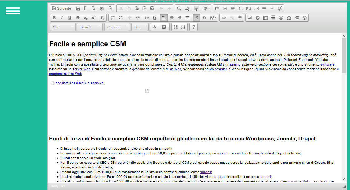 panello amministrativo di facile e semplice csm creare un nuova pagina