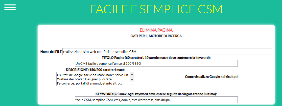 panello amministrativo di facile e semplice csm creare un nuovo file intestazione