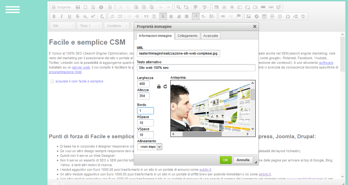 panello amministrativo di facile e semplice csm inserire un immagine in una pagina