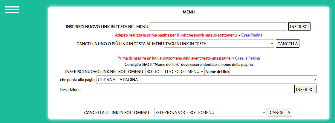 panello amministrativo di facile e semplice csm il menu