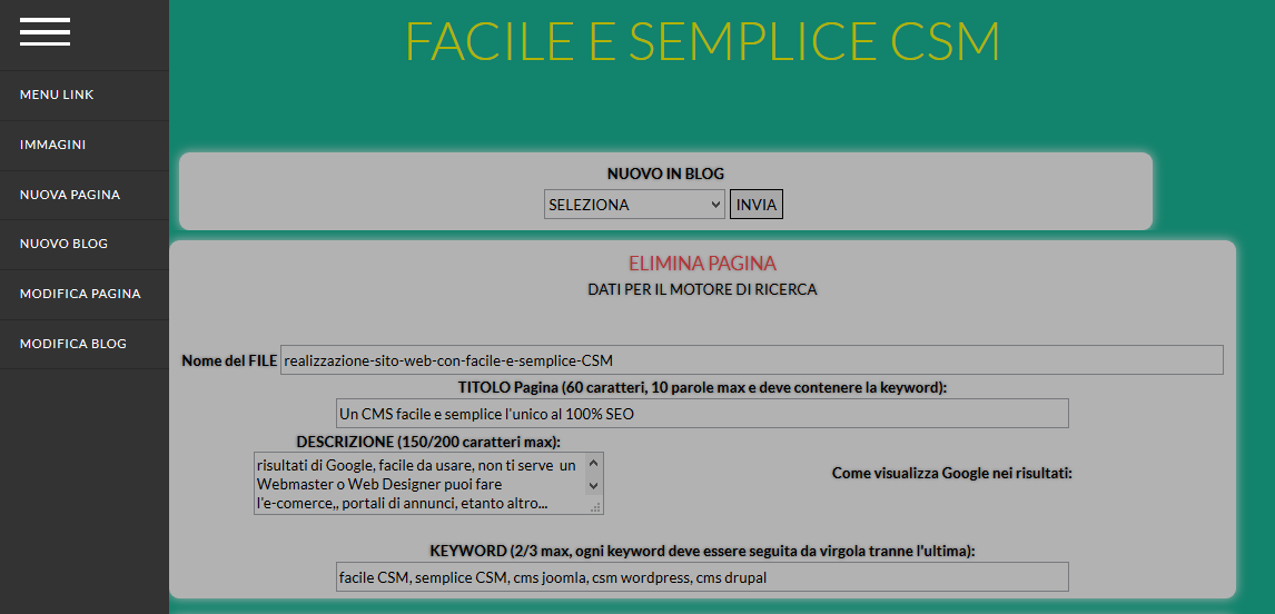 panello amministrativo di facile e semplice csm selezionare il link